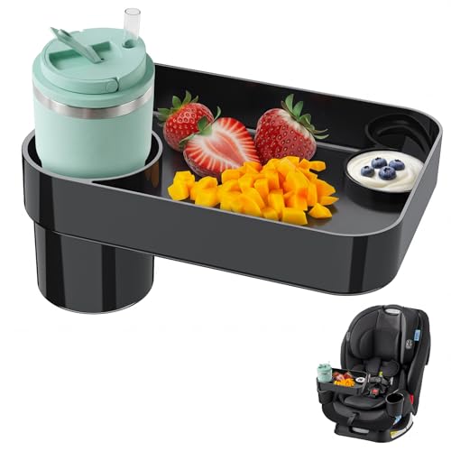 Toddler Car Seat Snack Tray - 3 Inch Cup Holder with Dip Well Fits Most Sippy Cups & Straw Bottles Mess-Free Square Kids Travel Tray Road Trip Essentials Black