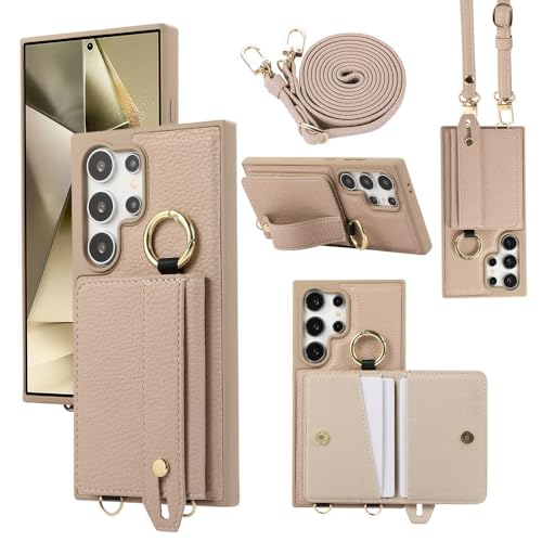 Portefeuille à bandoulière Galaxy S25 Ultra étui cuir avec porte-cartes kaki