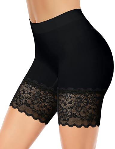 ZENUTA Paquete de 1-3 pantalones cortos de encaje para mujer, debajo de los vestidos, sin costuras, antirozaduras, para verano, 1pcs negro, Large