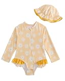 WYTbaby Ropa UV para bebé y niña, de manga larga, traje de baño de una pieza para bebé con sombrero, traje de baño UV para niñas de 3 meses a 3 años, Margarita amarilla, 9-12 meses