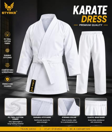 Image of STYRKR Premium Karate Uniform for Kids & Adults | White Karate Gi Suit with Belt | Martial Arts Training Dress | Cotton Karate Costume for Boys & Girls