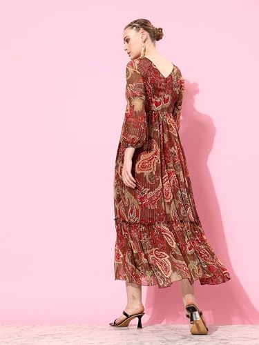 Image of Miss Chase Women's Multicolored-Base-Brown Relaxed Fit Maxi Lurex Chiffon Dress