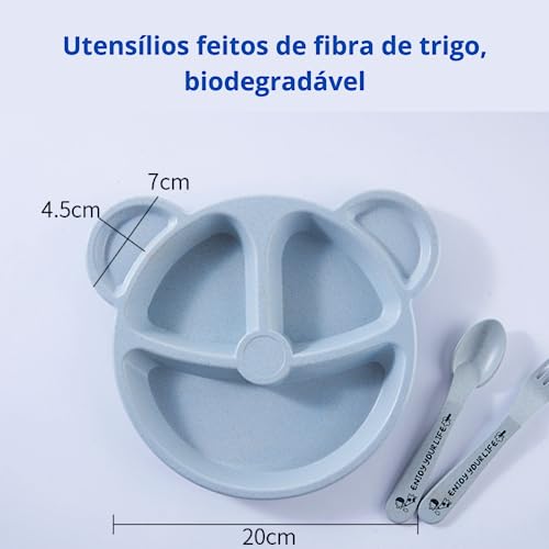 Prato infantil com 3 divisórias e talheres BPA Free Biodegradável (Fibra de trigo) (Rosa)