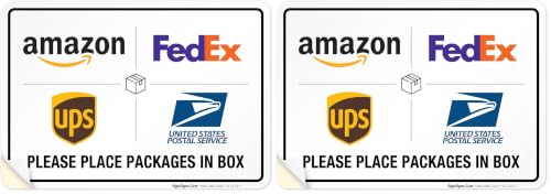 Image of Sigo Signs Package Delivery Sign, Please Leave Packages Here Sign, FedEx, Amazon, UPS, USPS, 10x7 Inches, 4 Mil Vinyl Decal Stickers Weather Resistant, Made in USA (Pack of 2)