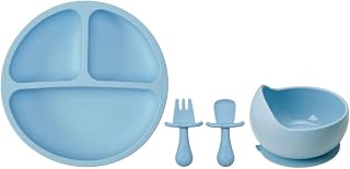 Kit Refeição Infantil 3 Peças Prato Silicone com Divisórias e Ventosas Bowl e Kit Talher Garfo e Colher Silicone Buba (Azul)
