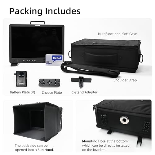 Image of osee Mega 15S 15inch 1500 Nits Higher Bright Pro HDR Field Production Monitor Camera Assist Monitor with Battery Plate C-Stand Cheese Plate and Portable Hooded Case