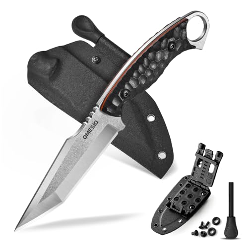 Omesio M-YL21 Tanto Messer mit Kydex Holster und Feuerstahl, Hohe Qualität Jagdmesser aus Full Tang 420 Steel, Outdoor Messer Survival 12, 6 cm Klingenlänge + G10 Griff, Für Jagd & Camping