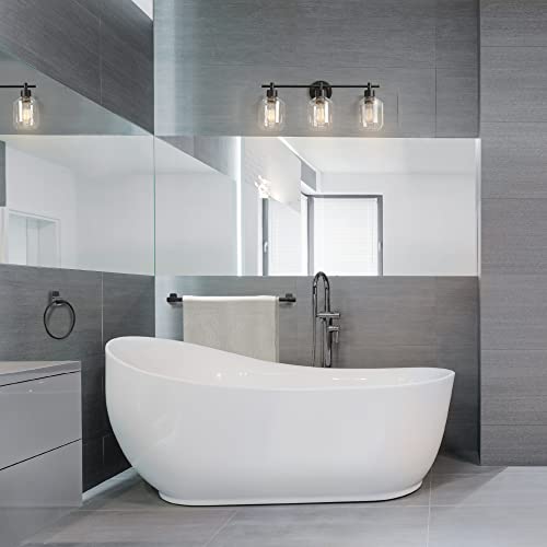 Image of Globe Electric 65556 All-in-One 5-Piece Bathroom Set, Matte Black Finish, 3-Light Vanity with Clear Glass Shades, Towel Ring, Toilet Paper Holder, Robe Hook, and Towel Bar, Modern Bathroom Lighting