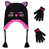 Girls Winter Cat Ear Beanie Hat and Gloves Set Kids Knitted Earflap Cap Mitten Set for Ages 3-7 Black