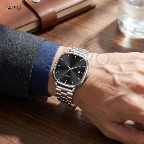 Image of PAPIO Analog Quartz Watch with Date Display | Silver Stainless Steel Strap | Square Dial Formal & Casual Wrist Watch for Men