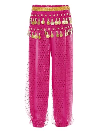 TiaoBug Kids Girls Shiny Belly Dance Harem Pants Tribal Arabic Halloween Trousers Party Performance Costume with Hip Scarf Hot Pink 9-12 Years