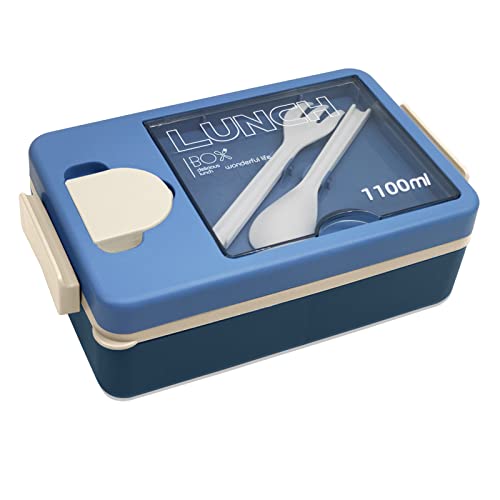Kisstta Fiambrera con 3 compartimentos, 1100 ml, para niños, con recipiente para salsas, para adultos, a prueba de fugas, fiambrera Bento con utensilios, apta para microondas (azul-B) Cover