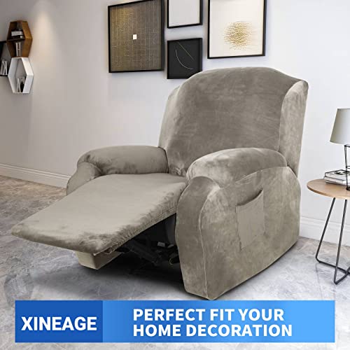 XINEAGE 4 Pieces Velvet Recliner Slipcover Stretch Recliner Chair Cover with Side Pocket Anti-Slip Fitted Recliner Cover Couch Furniture Protector with Elastic Bottom (Recliner - Image 2