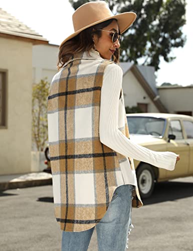 UANEO Womens Fall Flannel Plaid Vest Button Down Sleeveless Shirt Jacket With Pockets (Khaki-M)