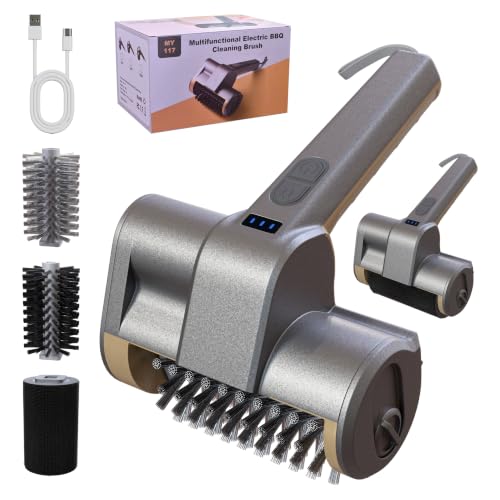 Image of Electric Grill Brush Rechargeable Grill Cleaner with 3 Heads 2 Speed 58W BBQ Cleaning Brush with 5200mAh Battery Safety Lock Submersible 304 SS Head Splash-Proof Scrubbe IPX7 Waterproof Silvery Golden