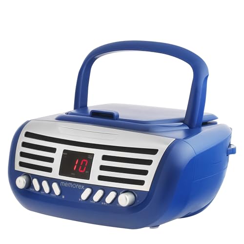 Memorex Boombox de CD portátil retro de carga superior con radio estéreo AM/FM en azul | Compatible con CD-R/CD-RW | Pantalla LED | Puerto AUX compatible | Reproductor de CD programable