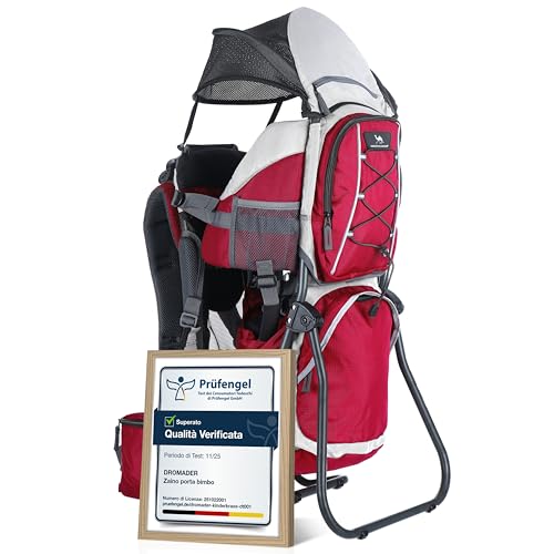 DROMADER Zaino Porta Bambino Montagna - Zaino Porta Bimbo fino a 22kg con Parasole, Parapioggia, Tasca Isolante, Materassino Fasciatoio - Telaio Pieghevole con Una Mano - Rosso