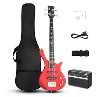 Ktaxon 36 Inch Bass Guitar 4 String Electric Bass Guitar with Dual Connectivity & Portable Power 15W Amp, Excellent Tone, Exquisite Craftsmanship and Ergonomic Body Design for Beginner(Red)
