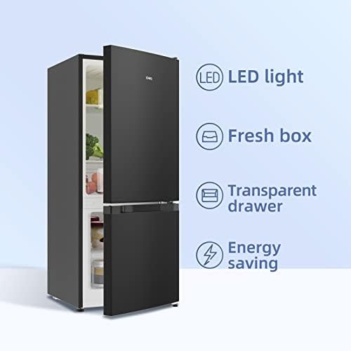 CHiQ freestanding fridge freezer 117 L(compact size 47.4cm wide 114cm High),low frost, E,12-year compressor warranty, 39 db low noise, reversible doors dark inox