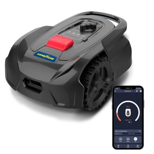 Goodyear - Robot cortacésped Conectado silencioso, Cortacésped jardín 500 m2 Cable periférico 300 m + estación de Carga, Control vía aplicación