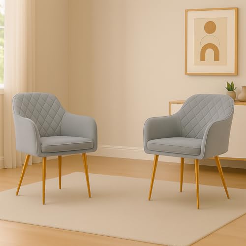 Image of Barfi Velvet Dining Chair | Set of 2 Premium Accent Chair with Armrest, Padded Seat and Metal Legs | Comfy Chair for Home, Office & Restaurents | (Light Grey)