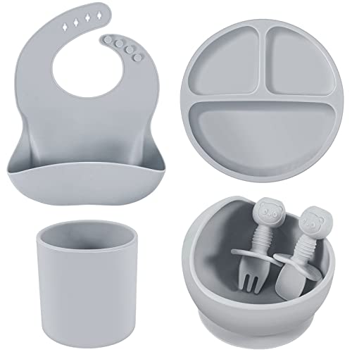 Image of Pimoys 6 Piece Baby Feeding Set, Gray Silicone Suction Cup Bowls and Plates, BPA Free, Dishwasher Safe
