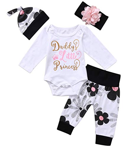Emmababy Daddy's Girl Baby Clothes Outfit New Born Girls White Bodysuit Romper Long Sleeve Top+Flowers Pants Leggings+Headband 0-24M (0-6months, Daddy's Little Princess)
