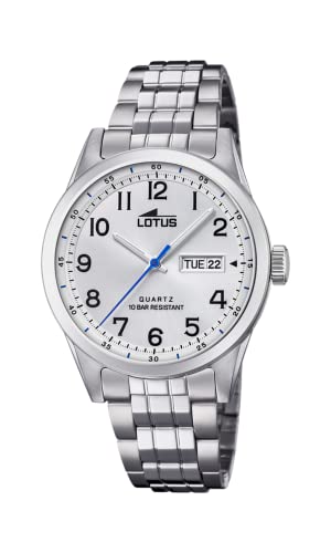 LOTUS Reloj Hombre Analógico de Acero Inoxidable 316l Plateado - Movimiento de Cuarzo - Calendario - Cristal Mineral de Alta Resistencia - Resistente al Agua 10 ATM Clásico 18670/1