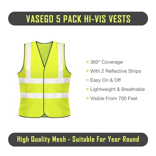 5 Pack of Plain Hi Visibility Reflective Safety Vest for Men & Women Fluorescent Waistcoat for Outdoor Running Walking Motor Bicycle Drivers -Class 2