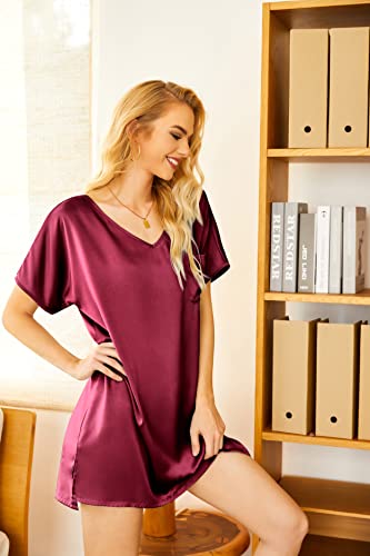 Ekouaer Women Satin Nightgown Silk Nightshirt Comfy Short Sleeve Sleepshirt (Wine Red Medium)