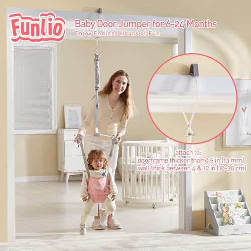 Image of FUNLIO Baby Door Jumper for 6-24 Months (with Door Clamp), Baby Jumper Doorway with Strong Spring & Adjustable Strap, Portable Infant Baby Bouncer, Bearing 40 Lbs, CPC & CE Certified-Pink