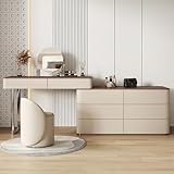 Deux dimensions de coiffeuse – Adaptabilité : Cet ensemble coiffeuse est disponible en deux tailles : 100 × 45 × 75 cm pour la coiffeuse et 120 × 45 × 75 cm pour le meuble, associé à un meuble de rangement à 6 tiroirs de 120 × 45 × 62 cm. Il peut être disposé en ligne droite ou en L pour s'adapter à toutes les configurations de chambre ou de dressing.