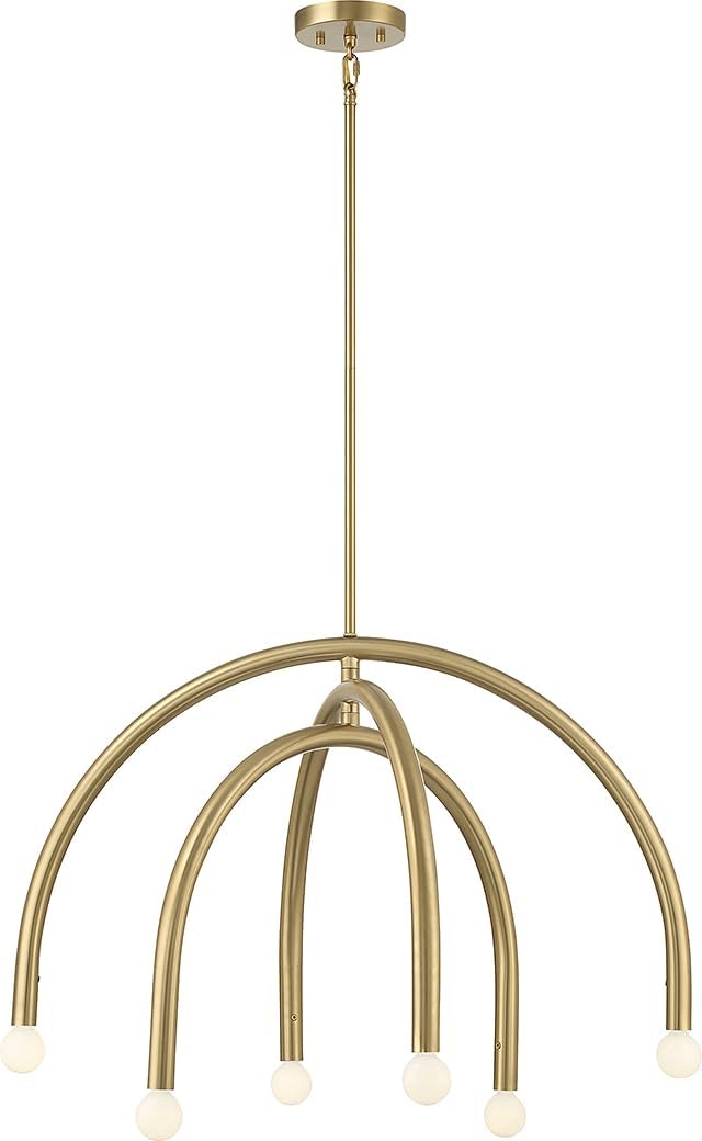 Meridian M100115NB Midcentury-Inspired Metal Arch Chandelier, 6-Light 360 Total Watts, 20" H x 30" W, Natural Brass