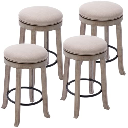 Farmhouse Linen Round Bar Stools Set of 4 360 Swivel 256 Counter Height Stools with Solid Wood Legs Backless Low Barstools with Footrest for Home Bar Kitchen Island Beige