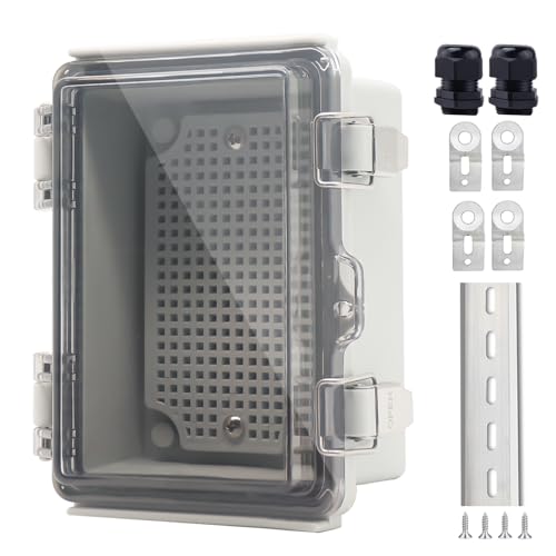IP67 Waterproof Junction Box, ABS Plastic Electrical Enclosure with Stainless Steel Latch, Hinged Cover Electric Box with Mounting Plate, Wall Brackets &amp; Cable Glands 150x100x70
