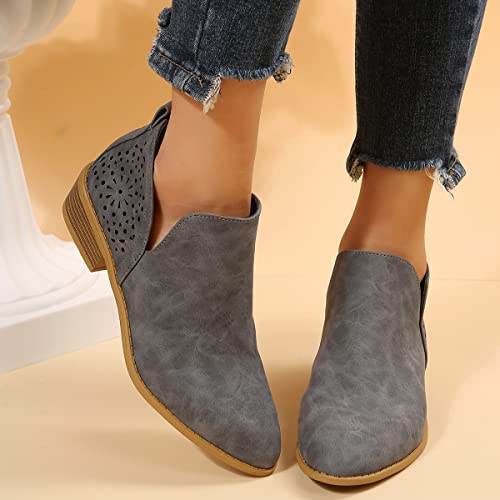 JITUUE Ankle Boots for Women Casual Cut Out Slip On Low Heel Short Chunky Stacked Heel Perforated Side V Cut Western Booties Cutout Shoes(Grey,US 6 — view 2