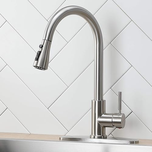 IKEBANA Kitchen Faucet with Sprayer, Brushed Nickel Kitchen Faucet Lead-Free, High Arc Single Handle Single Hole Stainless Steel Pull Out Kitchen Sink Faucet with Deck Plate Faucet for Kitchen Sink