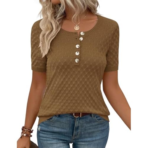 Kistore Womens Short Sleeve Sweater Spring Summer Tops Dressy Casual Lightweight Crewneck Pullover Henley Blouses Coffee Small