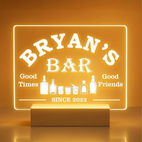 Personalized Bar Gifts for HOME BAR, Custom Name Date Acrylic Light Up Signs, Customized Acrylic Plaque with Night Light, Personalized Night Light for Man Cave Decor - LumiNest