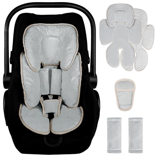 Image of 2 in 1 Infant Car Seat Insert Head and Body Support Set, Reversible Newborn Insert for Carseat with 3 Extra Strap Paddings, Soft Stroller Cushion Pillow Insert Girls, Fits for Stroller, Swing, Grey