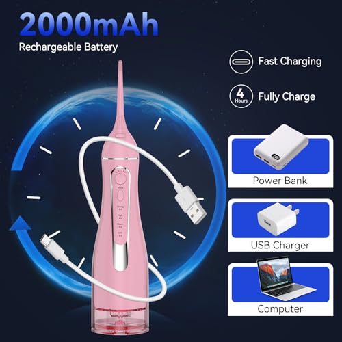 Water flossers for Teeth Pick, Portable Oral Irrigator Dental with 4 Modes 5 Jet Tips, IPX7 Rechargeable Water Tooth Flosser for Braces Sensitive Gum Care,300ml Tank for Home Travel Use
