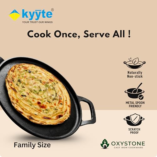Image of Kyyte OxyStone Pre-Seasoned Cast Iron Tawa for Roti and Dosa 11'' Inch (28 Cm) Dia, Uthappam /Chapati /Naan /Paratha /Pizza Pan Naturally Nonstick,100% Pure,No Chemical Coating Gas Induction OTG Friendly.