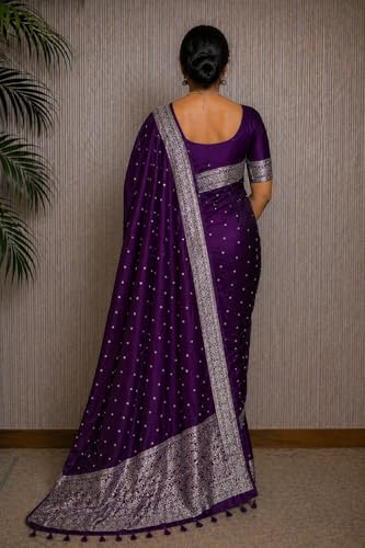 Image of Women's Glory Kanjivaram Banarasi Silk Saree with Polka Dot Embroidery Blend Woven Zari with Jacquard Woven Unstitched Blouse Piece.