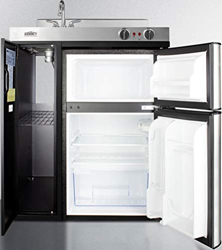 Summit Appliance C30Elbk 30" Wide All-In-One Kitchenette In Black With A 2-Burner 115V Coil Cooktop, 2-Door Refrigerator-Freezer, Sink, And Large Storage Cabinet #TOP2