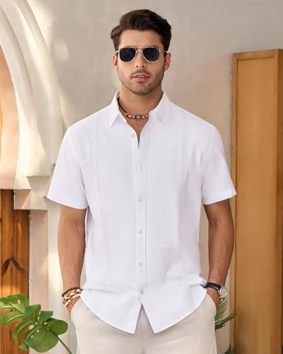 Mens Linen Shirts Short Sleeve Button Down Shirt Casual Cuban Guayabera Lightweight Summer Beach Solid Tops2