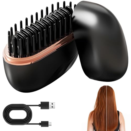 Mini Hair Straightener, 2-in-1 Mini Cordless Hair Straightener Comb, 30s Fast Heating Hot Comb, Anti-Scald Shell, USB Portable Heated Styling Brush for Travel and Daily Use