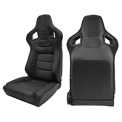 Freemotor802 Universal Racing Seats, Upgraded Version Reclinable Sport Seats With Dual Lock Sliders Adjustable, 1 Pair (Driver + Passenger Side), Pu + Carbon Fiber Fabric, Black #TOP1