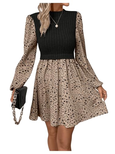 SweatyRocks Damen Midikleid Langarm Kleid Mit Blumen Elegant Blusenkleid Herbst Strickkleid Winter A Linie Kleid Mit Stehkragen Farbblock Kleid...