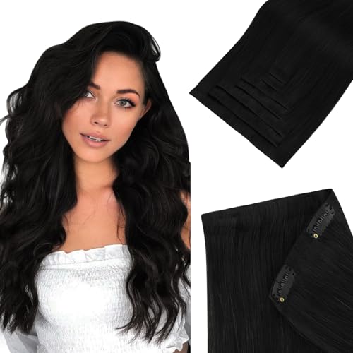 HOTBANANA Invisi Edge Clip in Hair Extensions, 14inch 120g Injected Seamless Clip in Extensions 7Pcs Jet Black Real Human Hair PU Hair Extensions