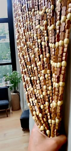 BeadedString Natural Wood and Bamboo Beaded Curtain-45 Strands-77 in High-Plain Design-Bamboo and Wooden Doorway Beads-Boho Bohemian Curtain-35.5" W x 77" H-SunshineBr